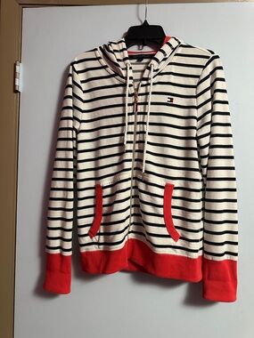 Tommy Hilfiger White & Black Striped Zip-Up Hoodie